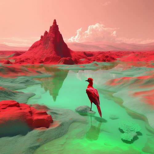 A colorful image of a bird beside a pool in an alien landscape